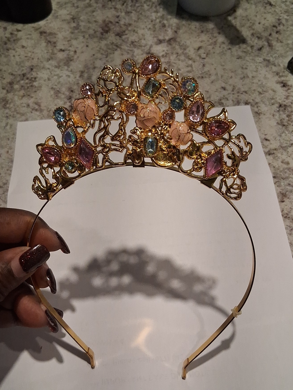 Disney Gold Floral Jeweled Headband with Pink & Blue Gems